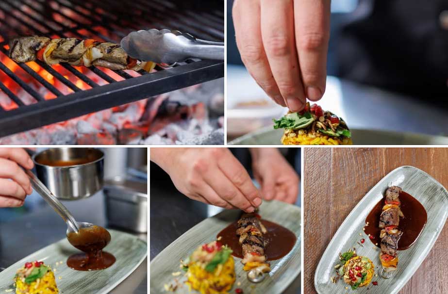 Shish Kebab vom Isselhorster Weiderind Persischer Reis, krosse Zwiebeln, Safran, Granatapfel & Berberitze – ein Teller voller Magie